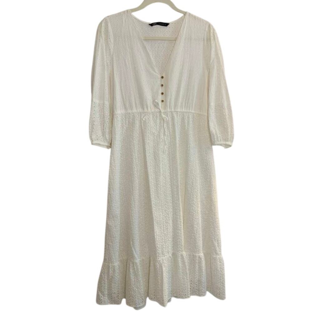 Zara Openwork Embroidered Midi Dress in White sz. M - Picture 2 of 10